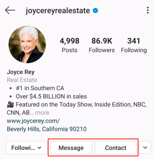 Profile page of real estate agent Joyce Rey with a callout on contact buttons