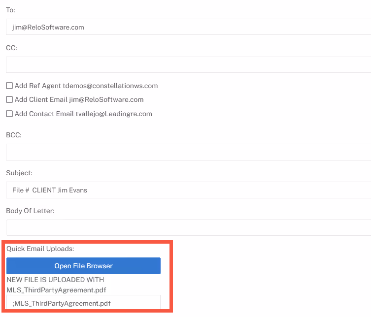 A Quick Email form inside Constellation1 Relocation with a red callout in the bottom left corner showing where users can click a blue button to browse files on their computer to attach them to the message.