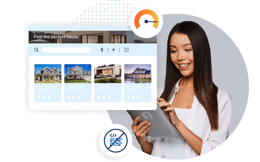 Young broker smiles, happy with the ease of use of her new real estate software.