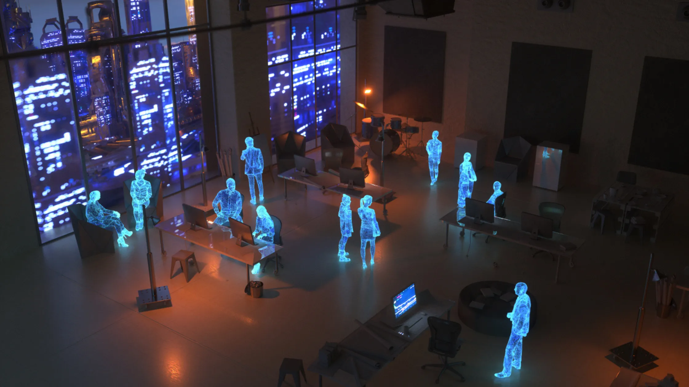 A room full of virtual figures exploring the metaverse in an office space work environment