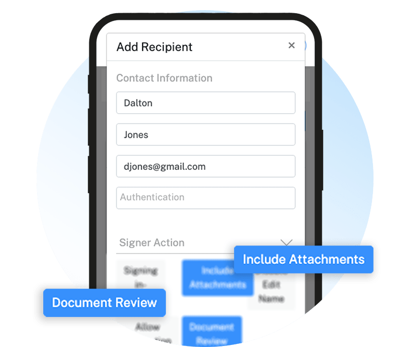 Add recipient form at e-signature app mobile screen