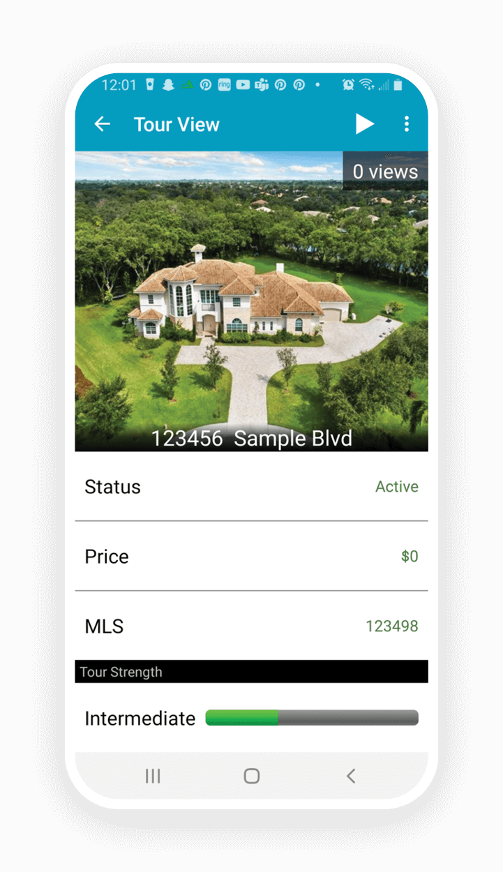A cell phone showing the interface for a sample virtual tour for a beautiful Florida mansion surrounded by trees.