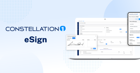 Constellation1 logo and the word eSign with a laptop and smartphone featuring the user interface of Constellation1's e-signature solution