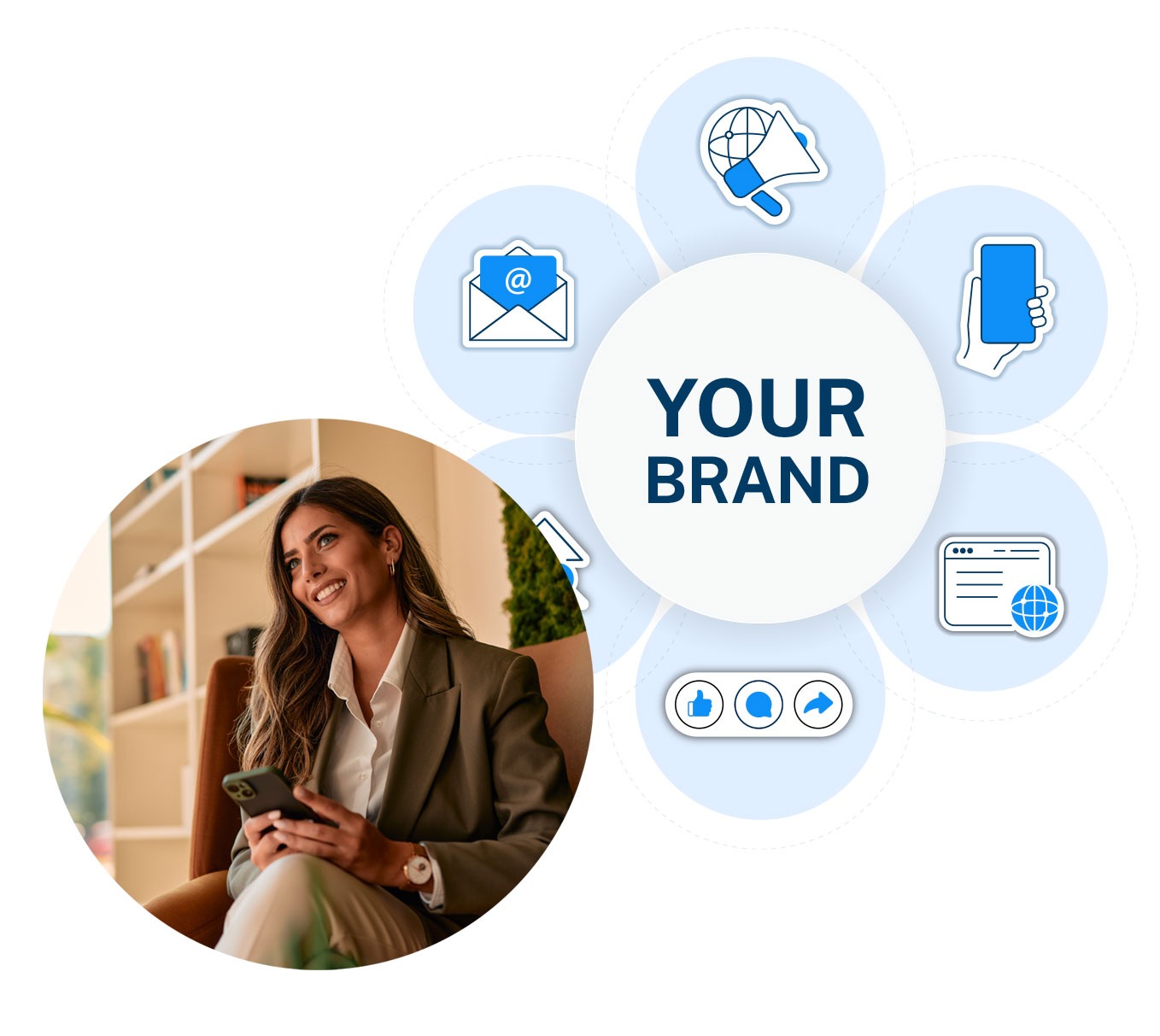 A digital rendering of a modern house displayed on a computer screen with a smartphone overlay showing real state listing