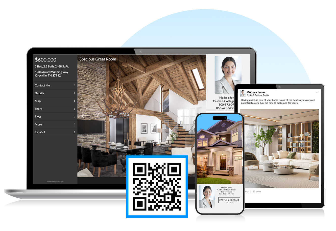 A digital rendering of a modern house displayed on a computer screen with a smartphone overlay showing real state listing